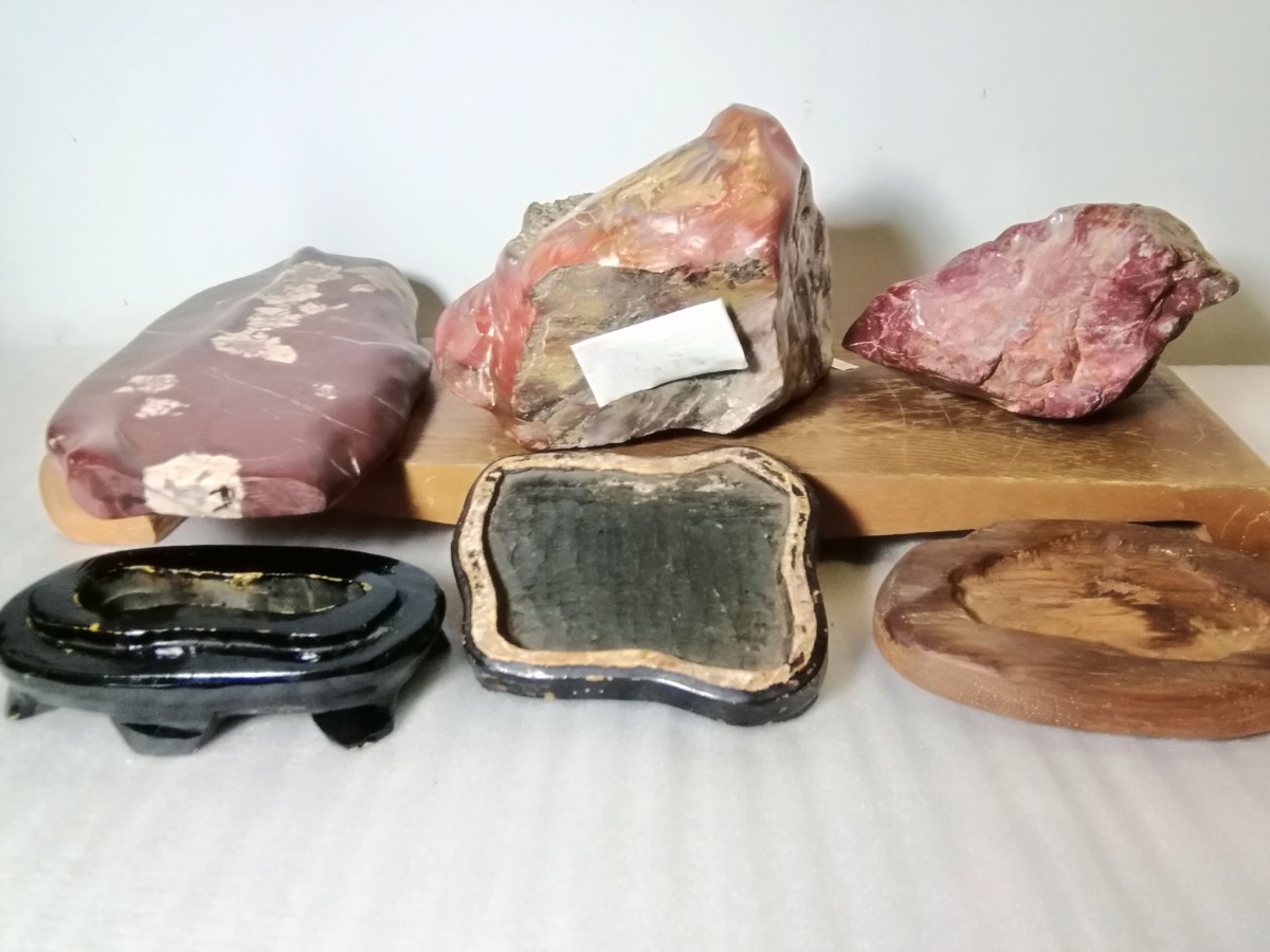 鑑賞石 佐渡金鉱石 佐渡赤石 赤石/飾石/錦石/庭石/盆石/置石/ 置物 3点 