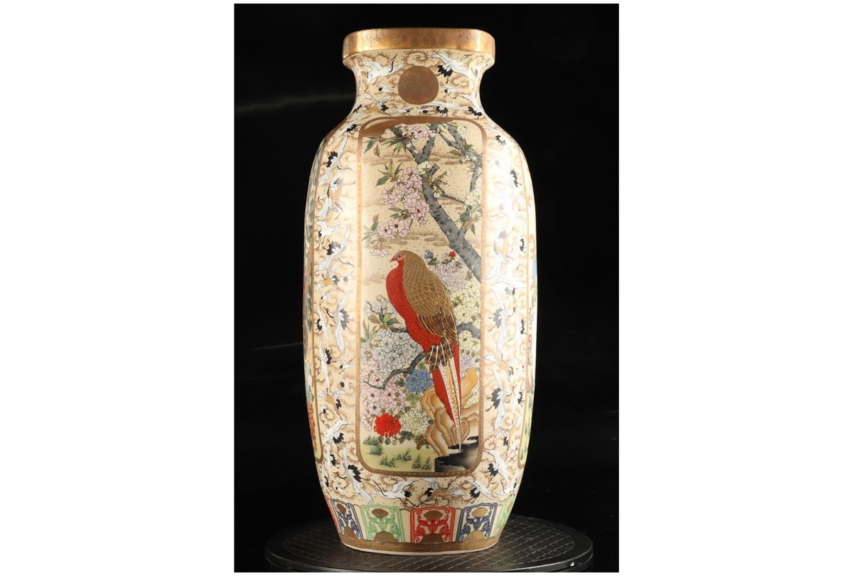 URA]大京都日文林本寶山/薩摩焼/金襴手鷹鶴翔鶴文大花瓶/約62cm/4-6