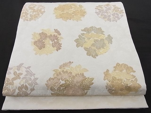 着物屋こころ■六通柄袋帯 慶祝 草花丸文 金糸 正絹 逸品 B-cy4039