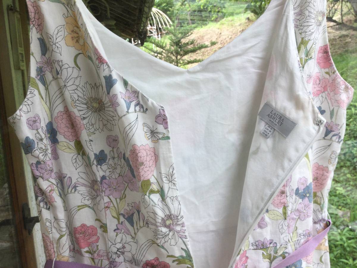ローラアシュレイ・白地薄紫ピンク黄色花柄麻ワンピース11号 