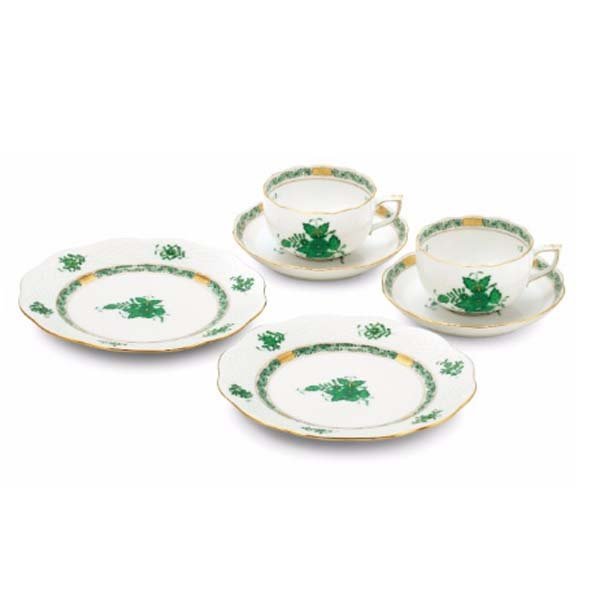 e)Herend ヘレンド アポニー・グリーン ペアティータイムセット 31130748 カップ＆ソーサー＆プレート ペア 洋食器 ※開封済/未使用品 箱有
