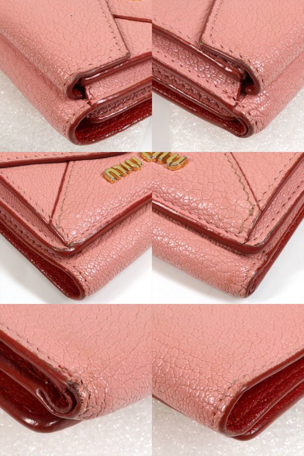 e3327【MIUMIU】三つ折り財布 マドラスラブ ハート ラブレター ピンク