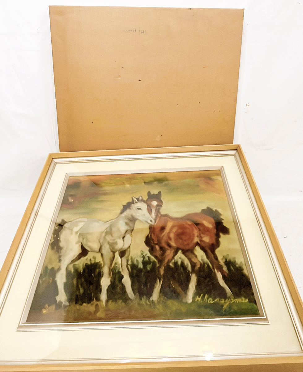 馬の日本画 サイン入り フレーム付き 金山平三 油彩 油絵 絵画 表 裏サイン 1938年 F8号 作品名不明 馬 動物