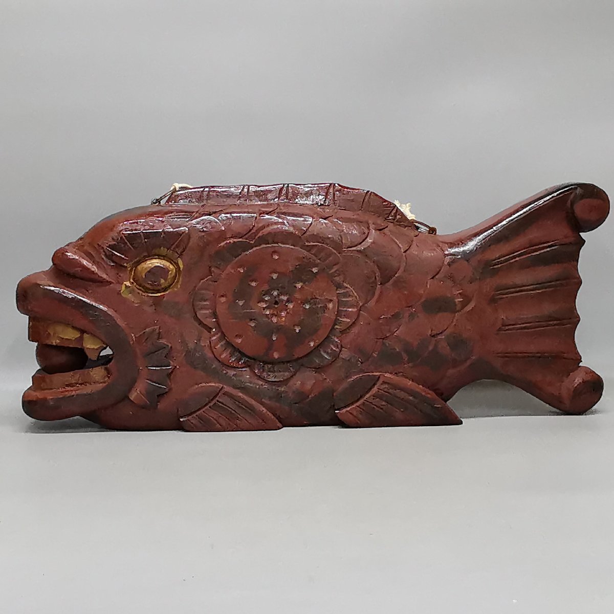 時代物 魚鼓 魚板 朱漆塗 咥え玉 木魚 約60cm 約6kg 侘 寂 仏教美術 