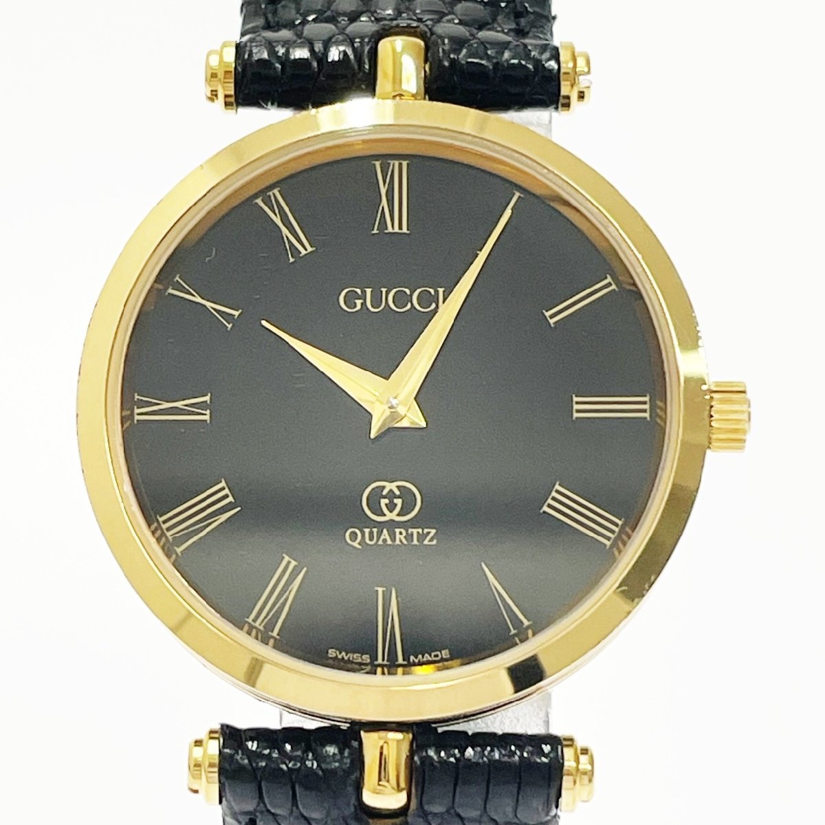 【1円スタート】【箱付き】GUCCI グッチ シェリーライン GP×革ベルト ブラック文字盤 クオーツ ボーイズ腕時計 182379