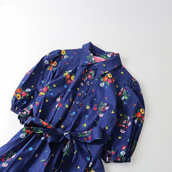 kate spade ケイトスペード フラワープリントシャツワンピース M/ネイビー ペプラム コットン フレア ベルト付き【2400013425193】