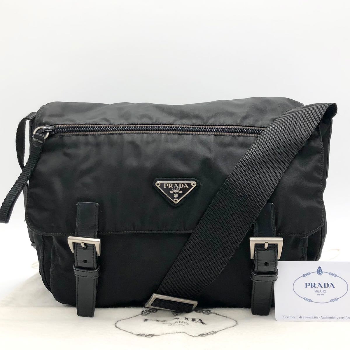 1円【高級品】PRADA プラダ メッセンジャーバッグ　三角プレート ナイロン ブラック 黒 レザー 斜め掛け ビジネス メンズ