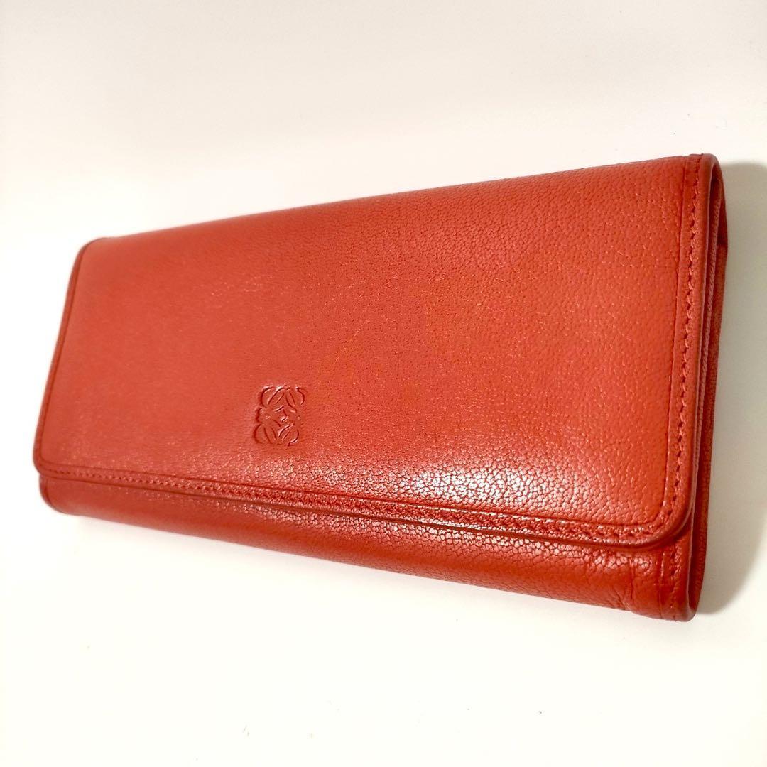 ロエベ LOEWE 長財布 レザー アナグラム型押し オレンジレッド 小銭