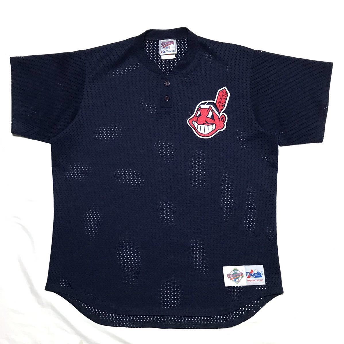 【USA製】90s Majestic マジェスティック MLB インディアンス プルオーバー ベースボールシャツ メンズL 紺 メッシュ 廃盤 ユニフォーム