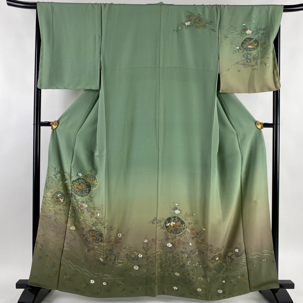 訪問着 美品 逸品 草花 流水 金糸 蘇州刺繍 薄緑 袷 身丈162.5cm 裄丈