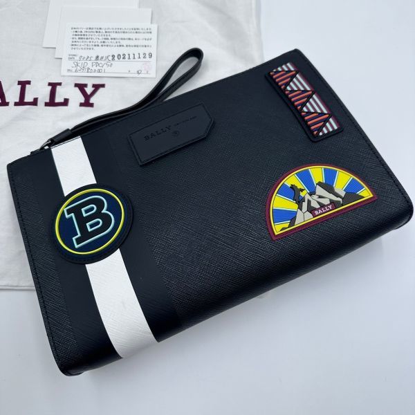 【現行 極美品】BALLY バリー クラッチバッグ トレスポ ワッペン サフィアーノレザー セカンドバッグ ビジネス ブラック 黒 メンズ 1円