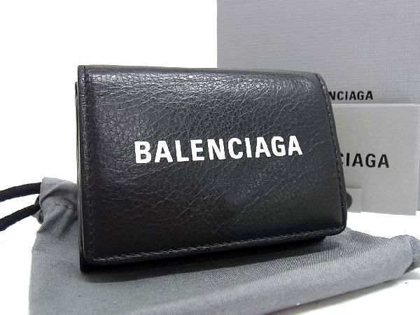 1円 ■美品■ BALENCIAGA バレンシアガ 505055 エブリデイ レザー 三つ折り 財布 ミニウォレット レディース ブラック系 AN6107