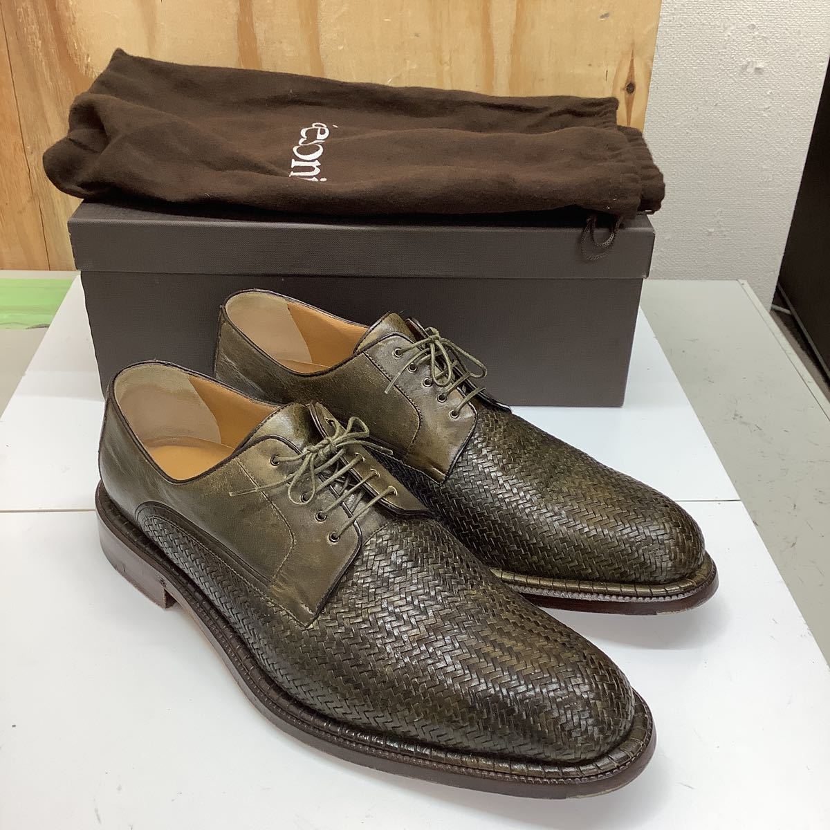 A. Slip Sui Loafers On – Leather Antique Green 8.5 Size TESTONI 男 