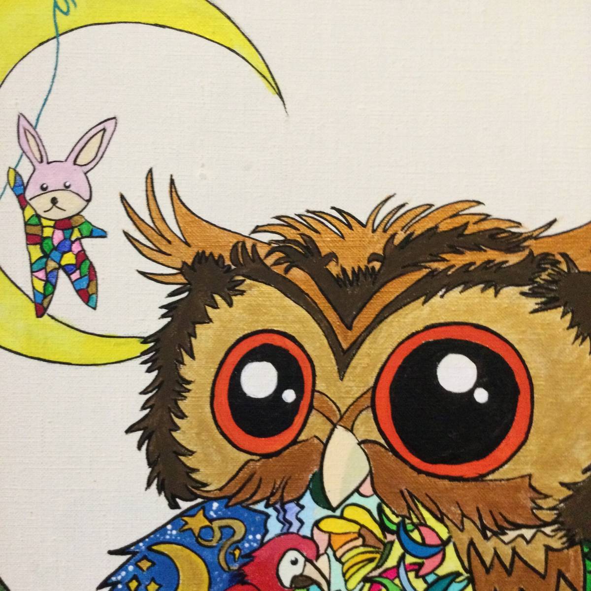 異色の天才画家 ジミー大西 フクロウ 森 梟 キャンバスアクリル肉筆画
