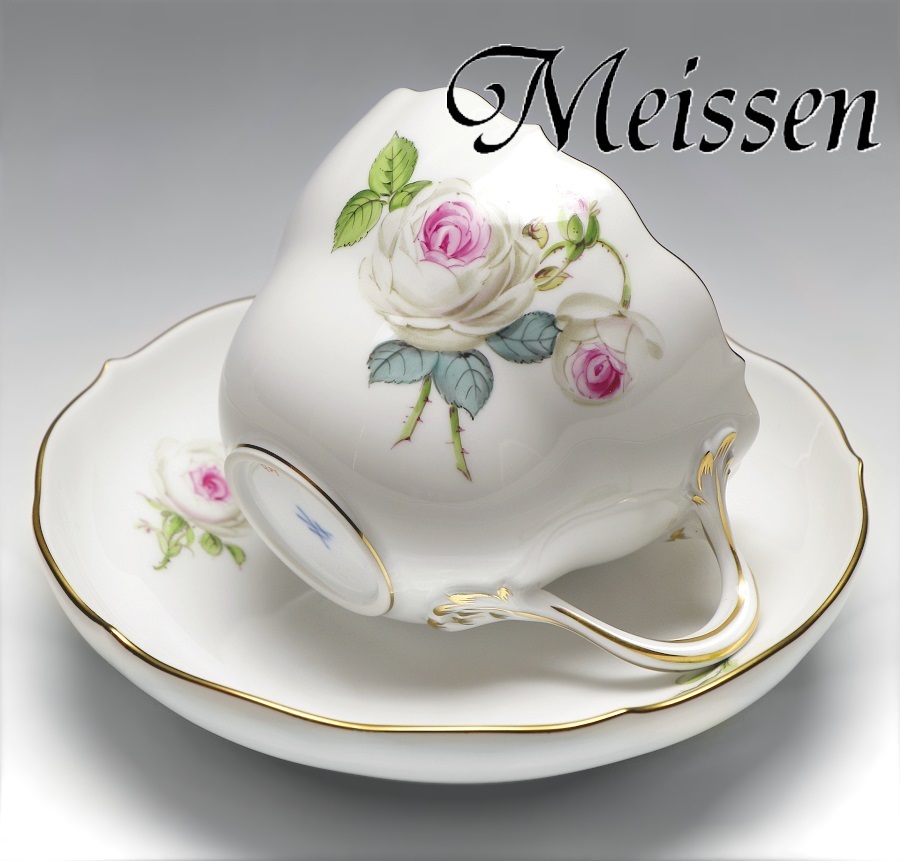 ☆Meissen マイセン 金彩 ホワイトローズ カップ＆ソーサー 定価98