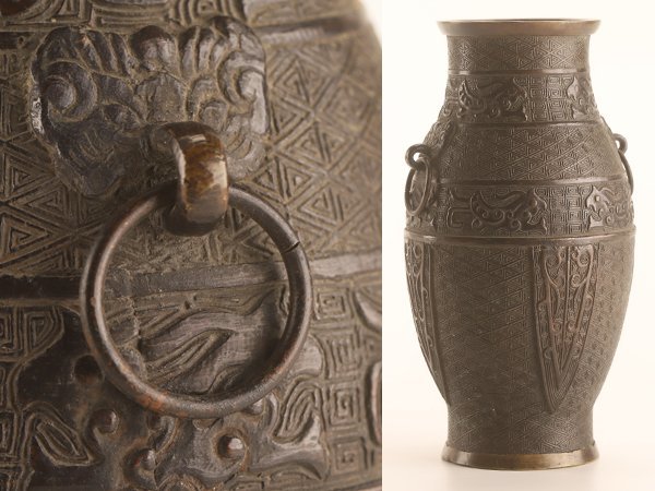 流】古美術品 古銅 銅製 饕餮文耳付花瓶 高さ24cm DF938 【公式通販】