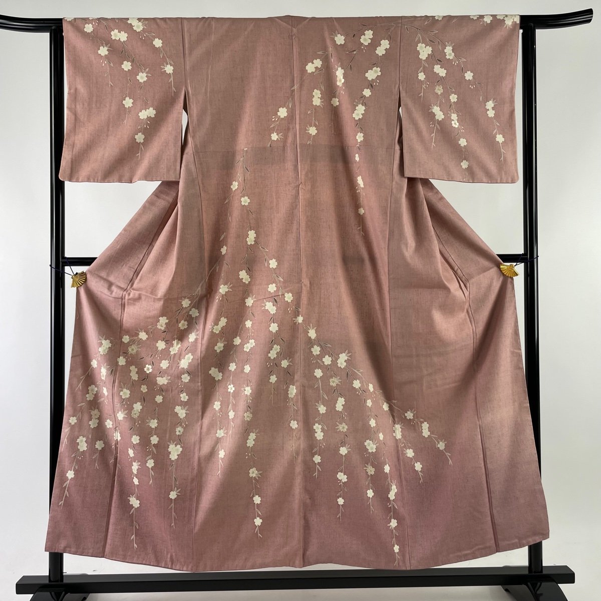 訪問着 名品 紬地 一つ紋 枝垂れ桜 刺繍 金糸 ピンク 袷 身丈156.5cm