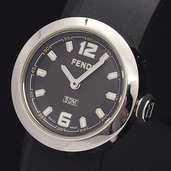 1円 稼働 良品 フェンディ QZ 8010L 50M 黒文字盤 ラウンド レディース腕時計 8273100NKG