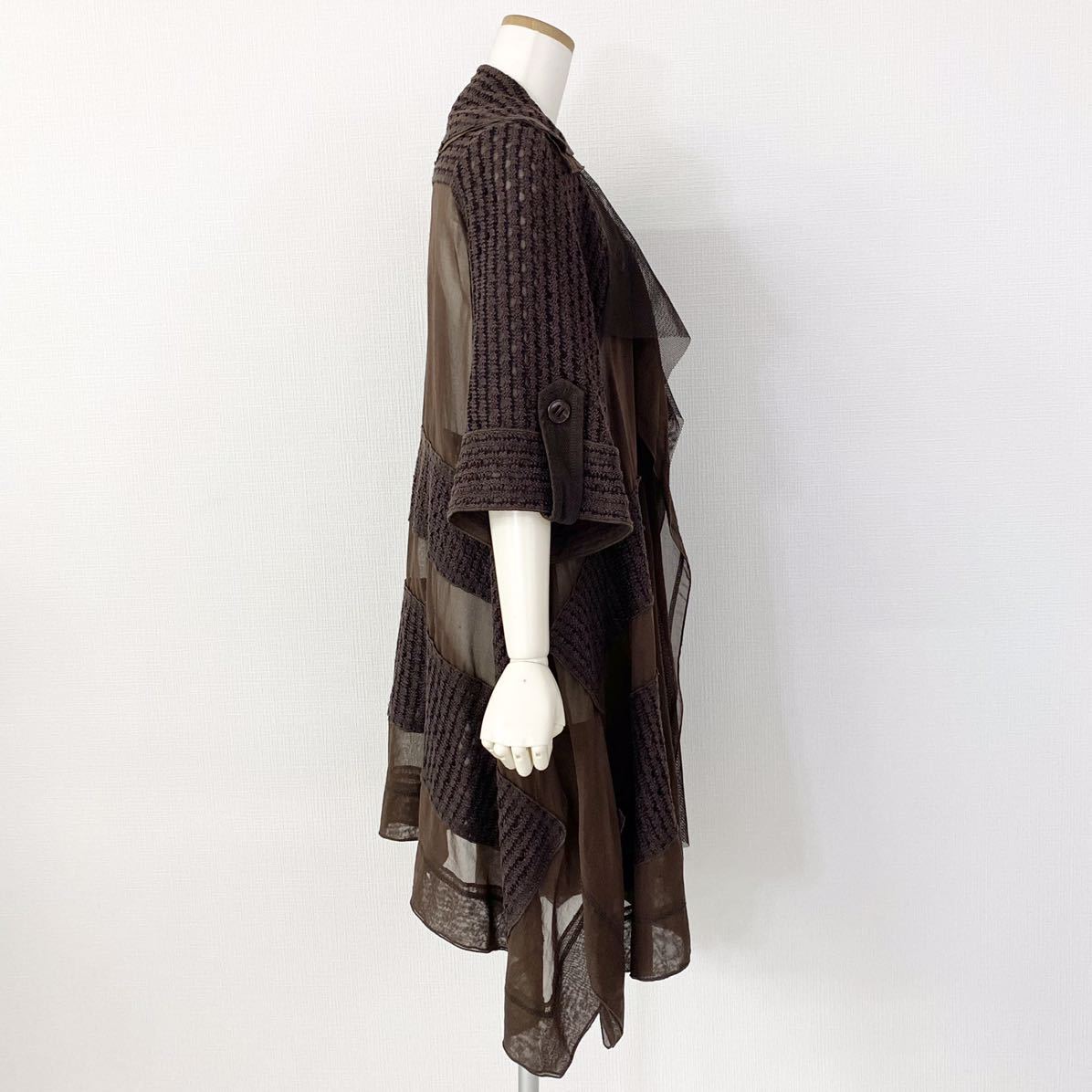 Yg22《美品》EIKO KONDO エイココンドウ ガウンカーディガン 薄手コート 羽織り 異素材切り替え 42 XLサイズ相当 レディース 女性用