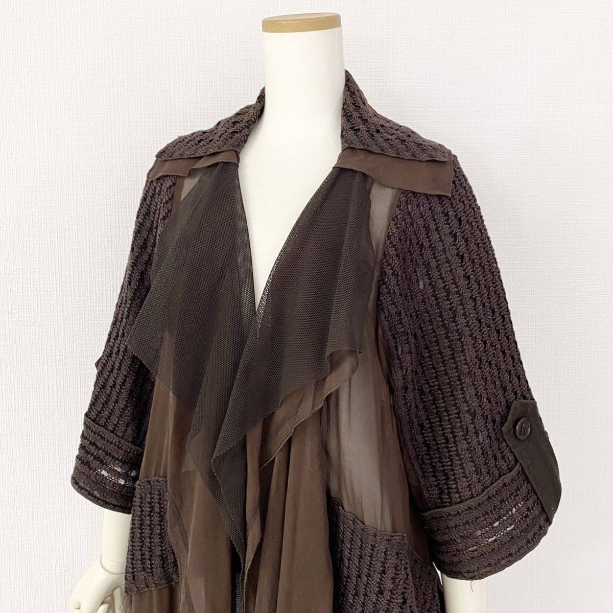 Yg22《美品》EIKO KONDO エイココンドウ ガウンカーディガン 薄手コート 羽織り 異素材切り替え 42 XLサイズ相当 レディース 女性用