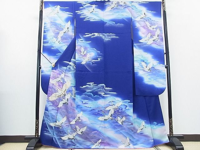 振袖フルセット6点サイズS〜M 駒刺繍　御所車飛鶴花文　暈し染め　金彩　正絹 平和屋2□豪華振袖 駒刺繍 飛鶴雲文 暈し染め 金彩 逸品 cf3599 【公式
