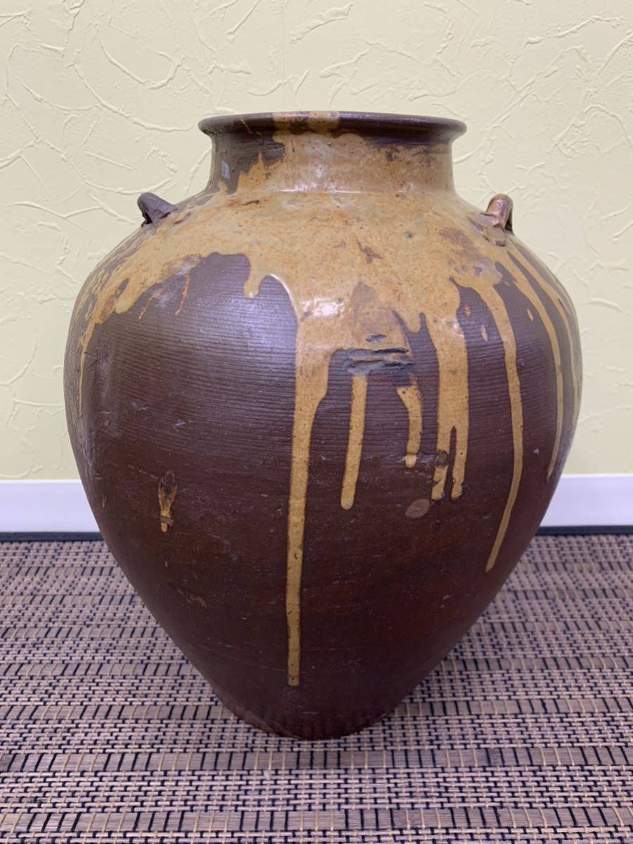 ◇備前焼? 三耳葉茶壷 高さ35㎝ 陶器 やきもの 茶壷 壺 三つ耳葉茶壷 