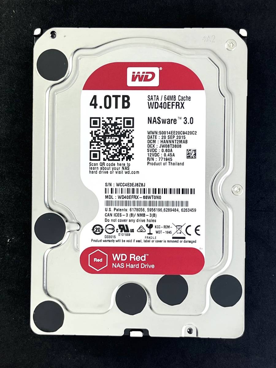 【送料無料】　★ 4TB ★　WD Red / WD40EFRX　【使用時間：137ｈ】 2015年製　稼働極少　Western Digital RED　3.5インチ内蔵HDD SATA　