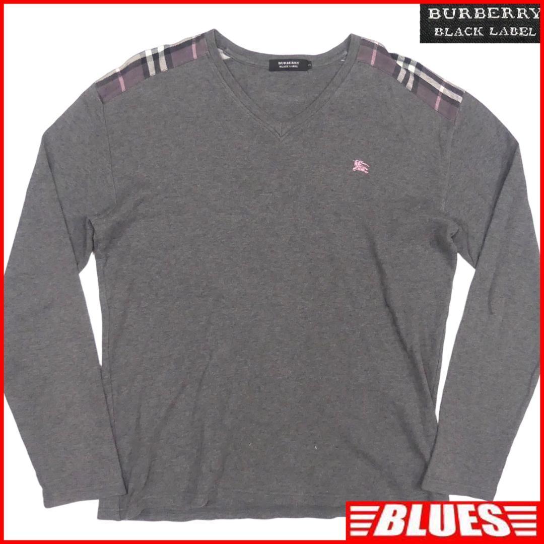 即決★BURBERRY BLACK LABEL★メンズL 廃版 Tシャツ バーバリーブラックレーベル 3 グレー ノバチェック カットソー 長袖 刺繍