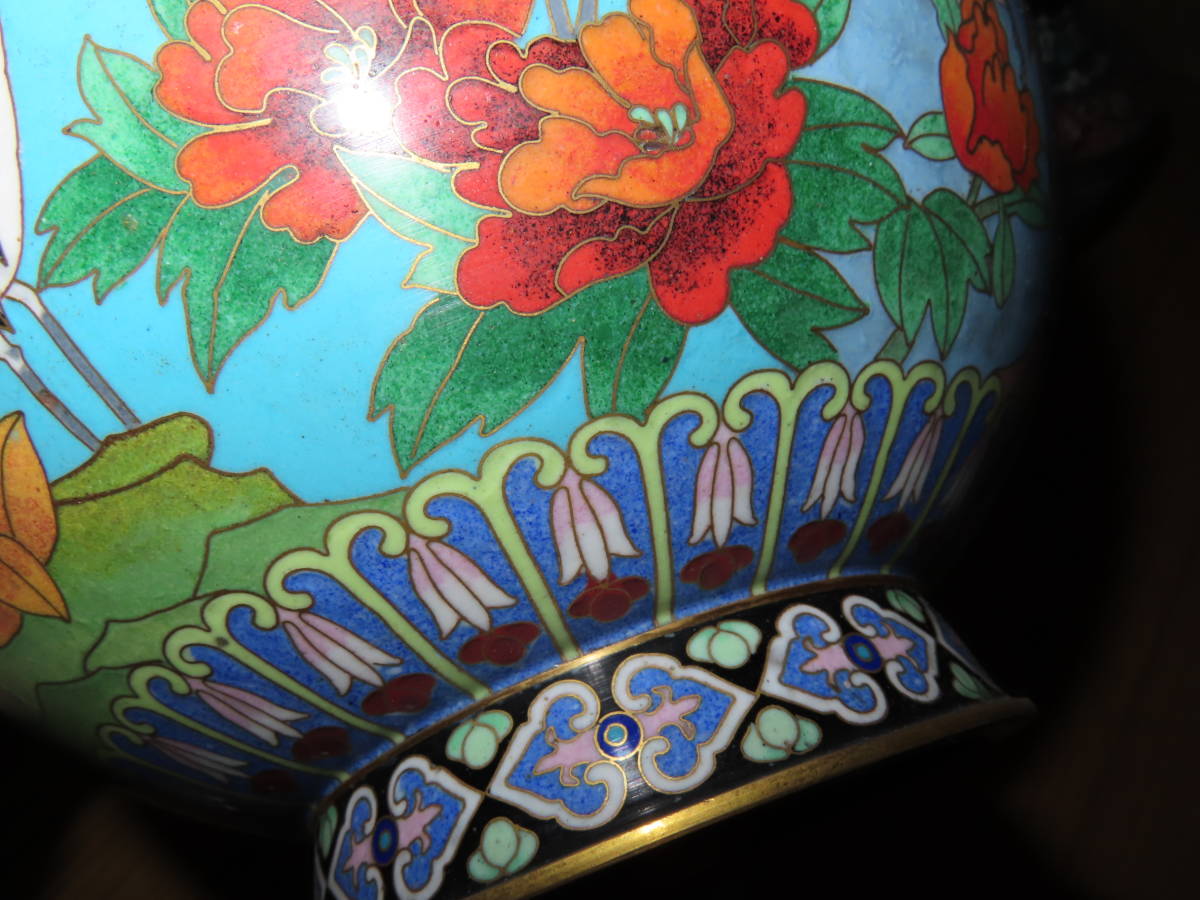 中国美術/銅胎景泰藍/鶴花唐草文銅胎掏絲琺瑯花瓶/2点/中国七宝/七宝焼