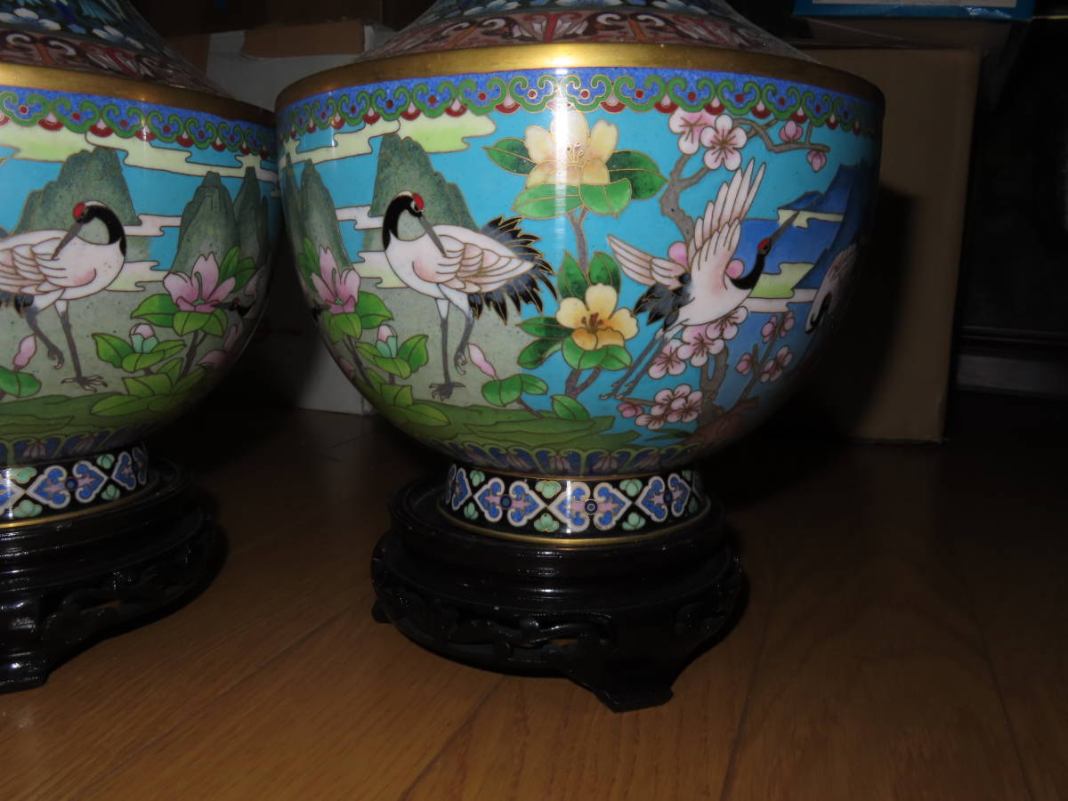 中国美術/銅胎景泰藍/鶴花唐草文銅胎掏絲琺瑯花瓶/2点/中国七宝/七宝焼 