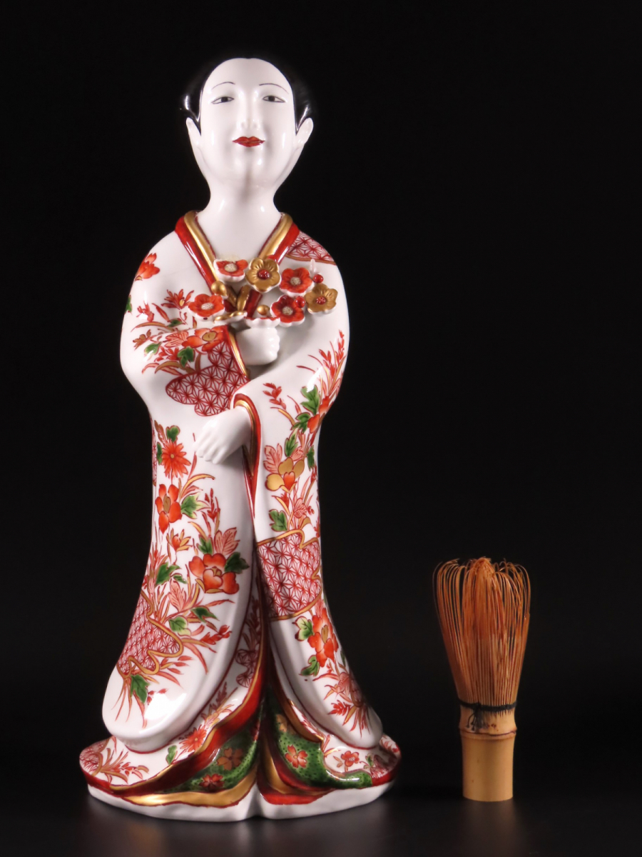 有田焼名工 緒方松右衛門 作 元禄古伊万里 色絵 美人人形 置物 高36.5