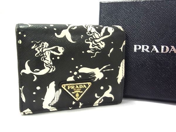1円 PRADA プラダ サフィアーノレザー 二つ折り マーメイド 人魚柄 財布 ウォレット 小銭入れ 札入れ カード入れ ブラック系 AP4543