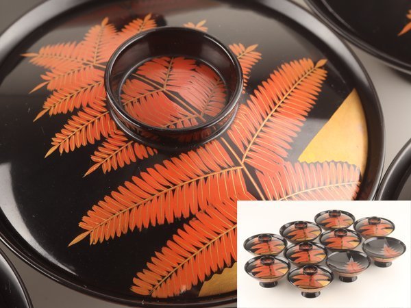 【琴》送料無料 木製漆器 黒塗蒔絵吸物椀十客 DE340