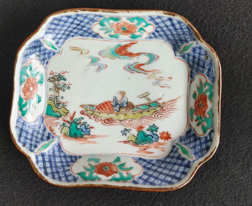 江戸前期　色絵 古九谷 五彩手 高僧人物文 端皿　入隅角皿　検　茶道具酒器酒盃古九谷酒器初期伊万里鍋島唐津志野