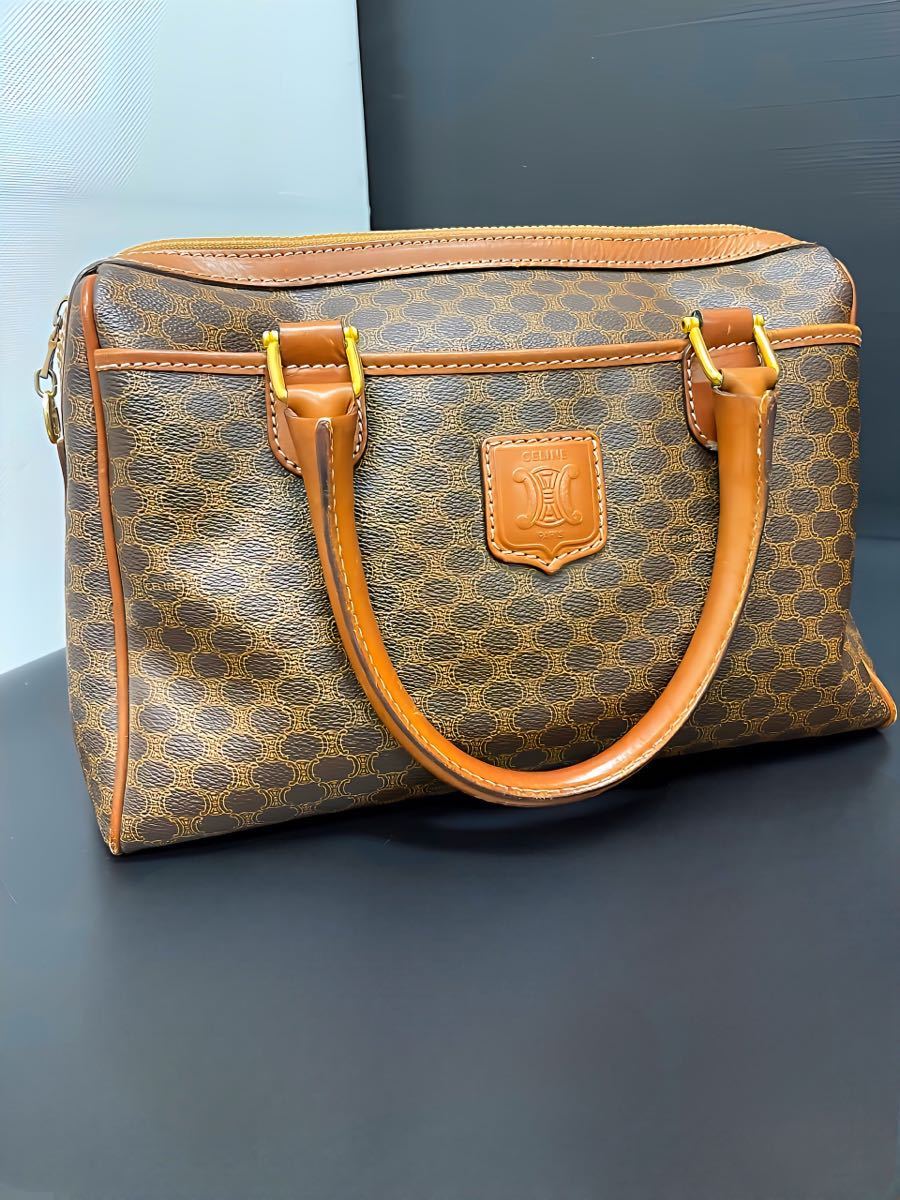 ●美品●CELINE セリーヌ マカダム ブラゾン トリオンフ ロゴ レザー 本革 ミニ ボストンバッグ ハンドバッグ ブラウン 茶 レディース