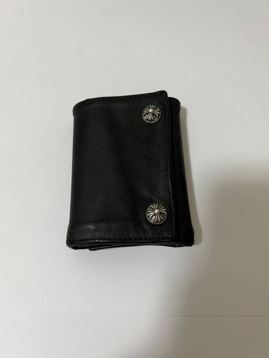 美品 クロムハーツ CHROME HEARTS スリーフォールド ウォレット クロスボタン デストロイレザー　財布