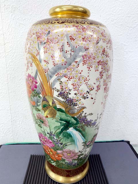神戸薩摩焼☆湊光(SOKO) 金彩色絵花鳥図☆花瓶☆骨董☆壺☆良品(薩摩 