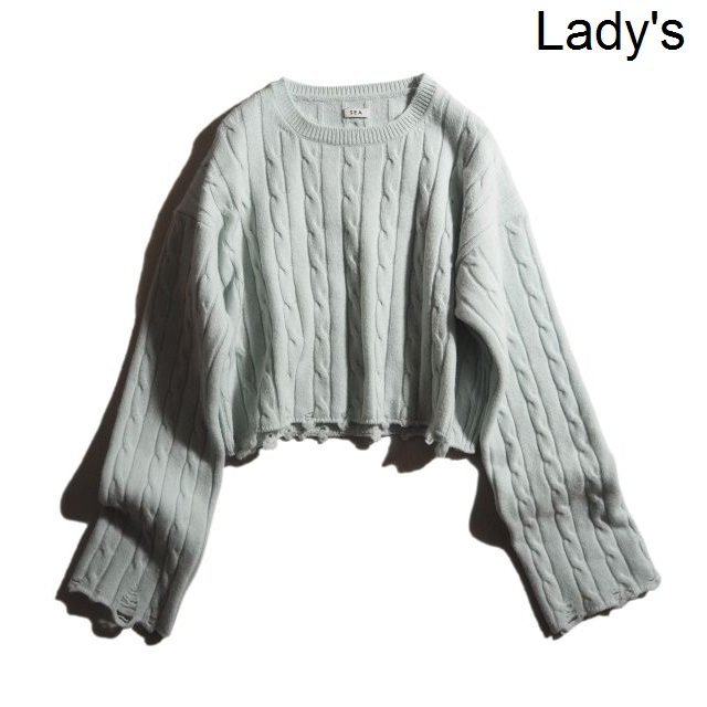 K7998P　▼SEA シー▼　ウール ダメージ加工 ケーブル ショートニット ミントブルー / オーバーサイズ ウールニット 秋冬 rb