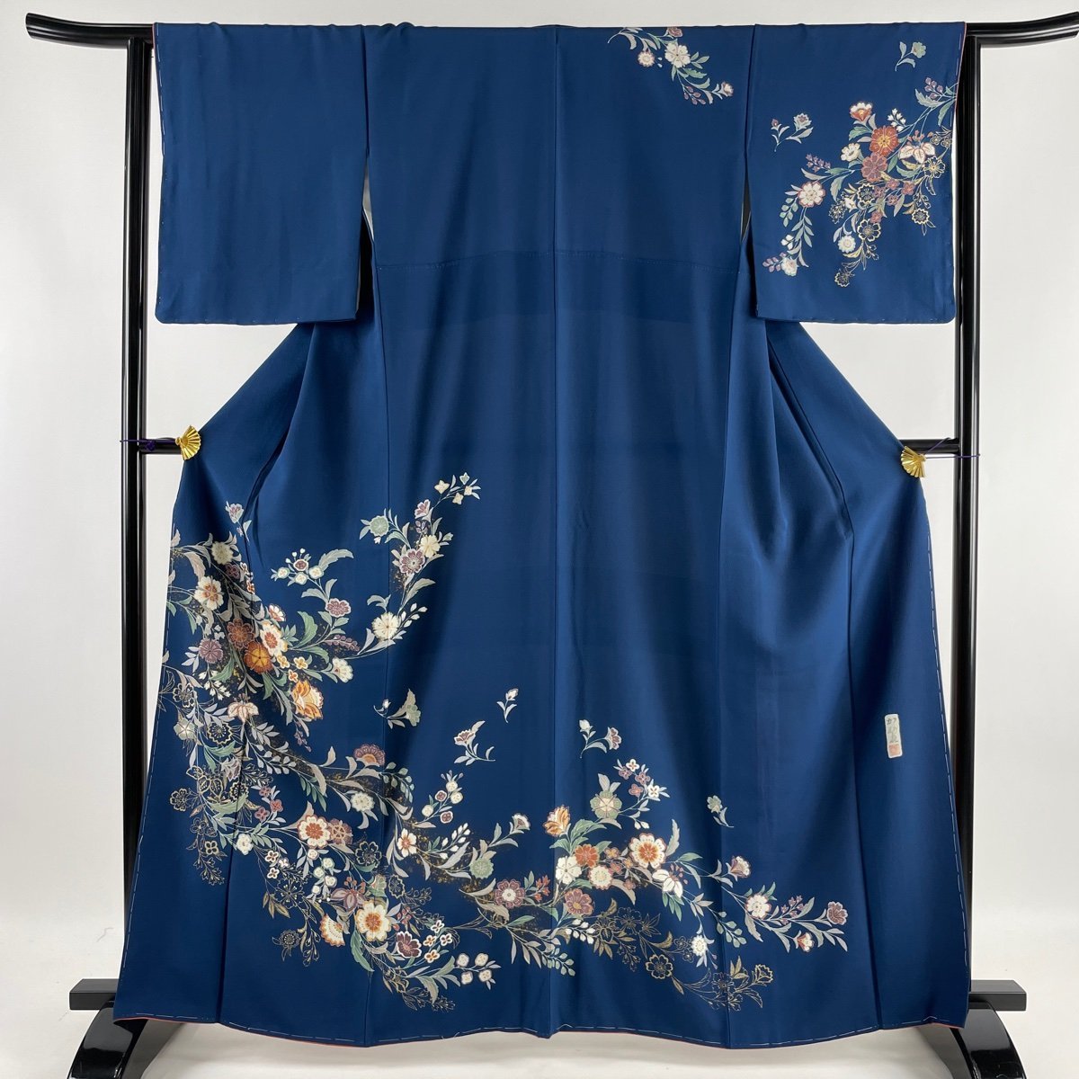 訪問着 身丈162.5cm 裄丈66cm M 袷 落款 草花 金彩 青 正絹 美品 秀品 【中古】