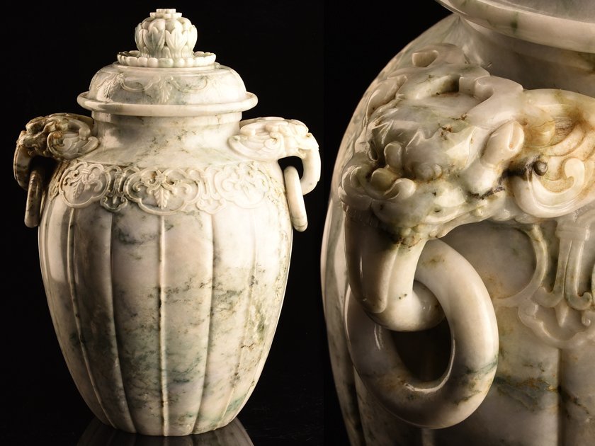 流】古美術品 ミャンマー翡翠彫刻特大花瓶 高さ45cm 重量14.65kg KQ616