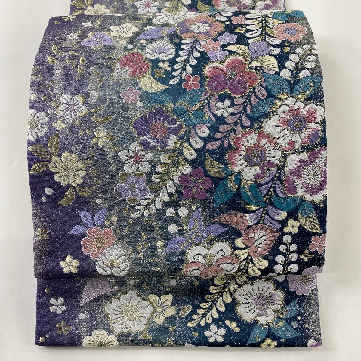 袋帯 箔 秀品 六通 霞 美品 正絹 鶯色 中古 桜 唐織 正絹