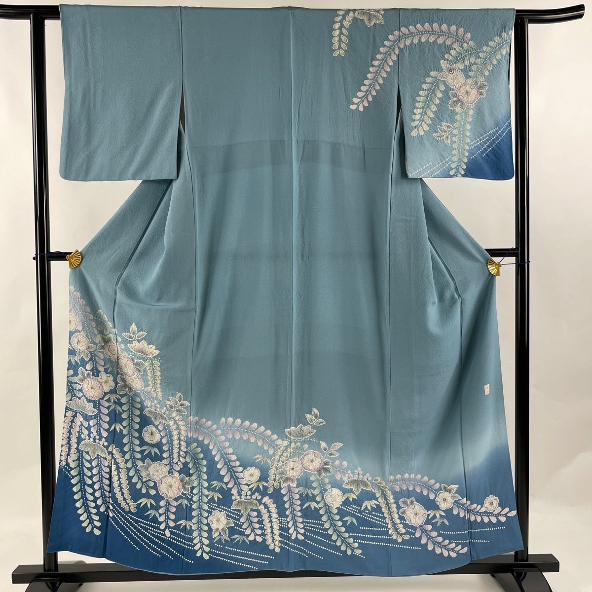 訪問着 身丈157.5cm 裄丈60cm S 袷 落款 辻が花柄 絞り 染分け 青灰色 正絹 名品 【中古】