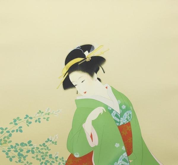 美品 上村松園「夕暮」シルクスクリーン 上村淳之監修の証明シール有 近代美人画 上村松園「夕暮」シルクスクリーン 絹本 上村淳之監修の証明シール有