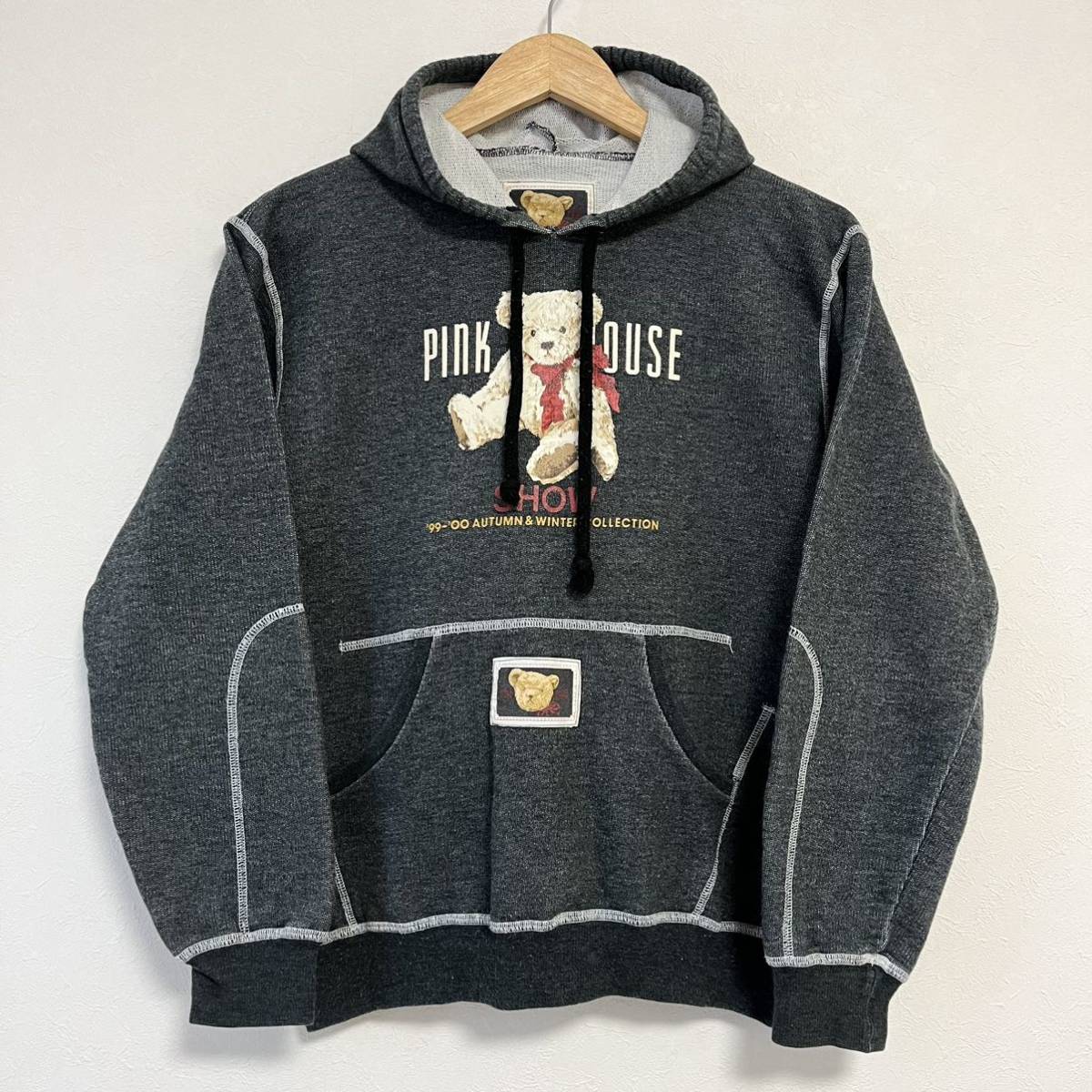 日本製★PINK HOUSE ピンクハウス★スウェット パーカー プルオーバー トップス テディ ベア くま プリント グレー レディース L/DD6258