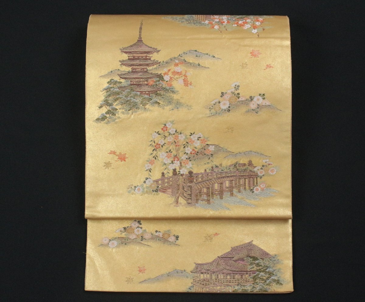 長嶋成織物 本金箔 京百景絵図 金泥箔 瀞金錦 袋帯 e9-70 xvpbvx