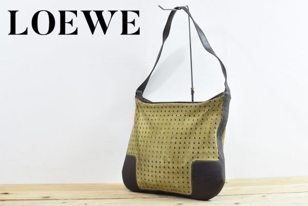 C6160 高級 LOEWE ロエベ ロゴ カッテイング レザー セミ ショルダー 斜めがけ バッグ かばん ブラウン ベージュ系 金 金具