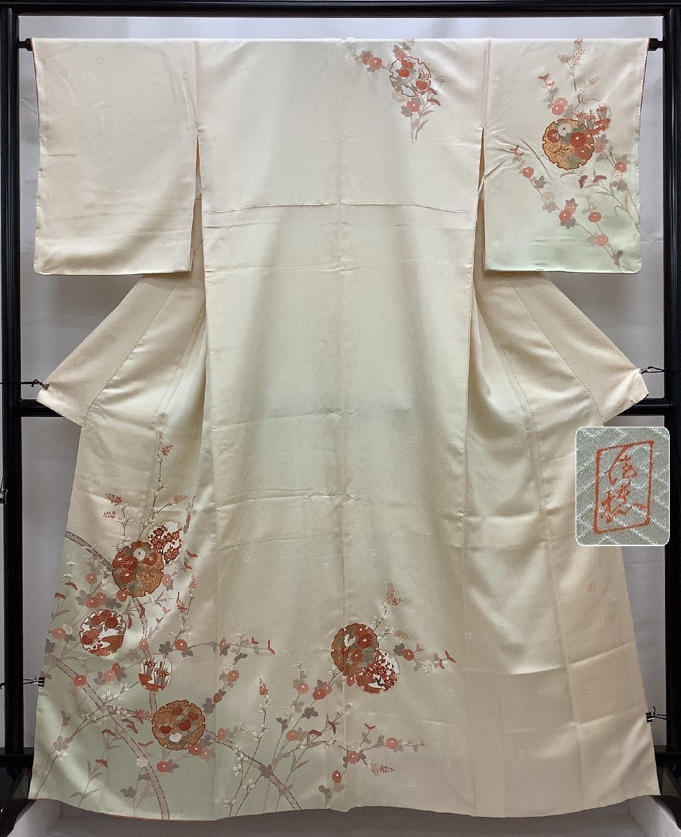 訪問着 金駒刺繍 金通し 道長取り 牡丹 梅 桔梗 桜 菊 着物 084w d