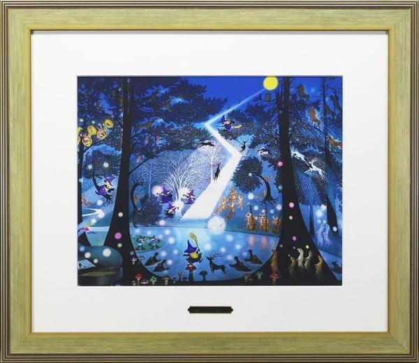 WISH】藤城清治「光る森」工芸画 6号大 〇影絵人気作家 朝日新聞