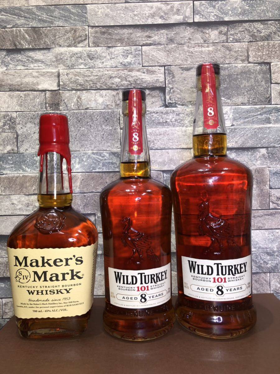 3 バーボンウイスキー メーカーズマーク 700ml 45% 、ワイルドターキー 8年 50.5度 700mlと1000ml未開栓　3本セット