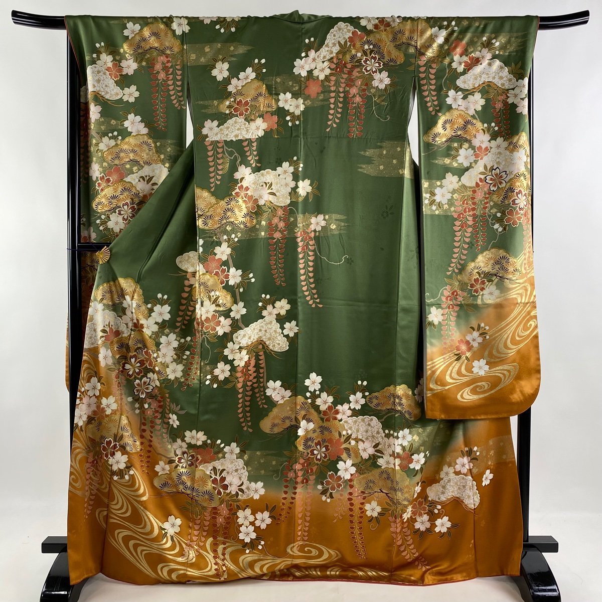 振袖 身丈170cm 裄丈68cm L 袷 鈴乃屋 桜 松 金糸 金彩 緑 正絹 秀品